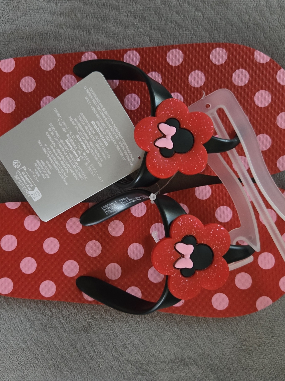Disney Red Polka Dot Girls Flip Flops with Pink Flower Accents